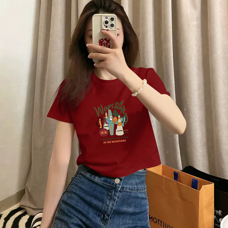 Pure cotton short-sleeved T-shirt for women, new summer style, high-waisted short, spicy girl style, slimming and petite, round-neck base layer pic 15