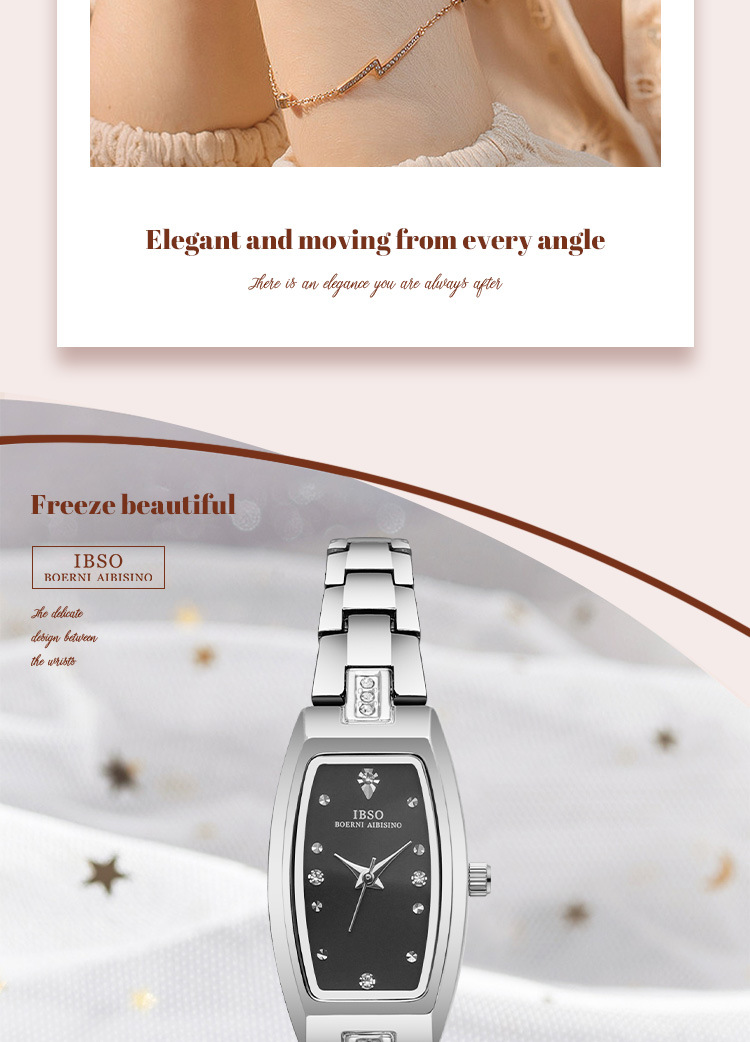 IBSO輕奢酒桶形女士石英表金色鑲鉆小表盤時尚簡約腕表詳情9