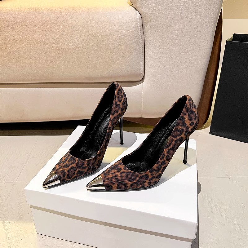 2025 New style of niche design metal iron head leopard print pointed toe high heels with a shallow opening of 10 cm and a thin heel, single shoe for women pic 11