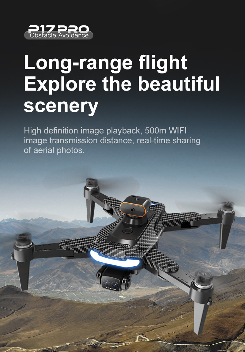 The cross-border new product P17 carbon fiber drone features a brushless motor, GPS positioning, intelligent obstacle avoidance, and high-definition aerial photography with dual lenses pic 24