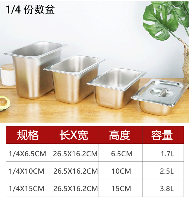 304不锈钢份数盆加厚带盖自助餐食物盆不锈钢长方形分数盘1/1批发详情10
