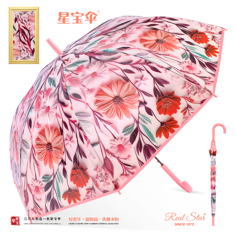 新款3D图案长柄雨伞塑料伞轻奢女生花绘满版热转印刷POE伞现货详情8