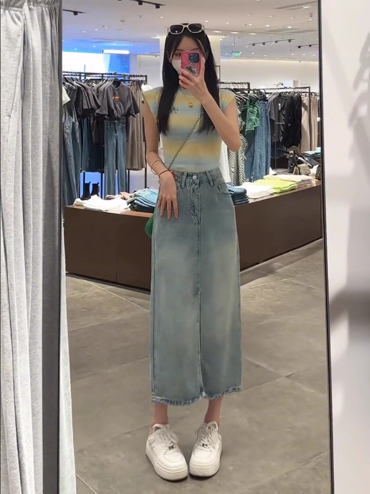 Pear-shaped figure, blue tencel denim skirt for women in summer, thin, large-sized, high-waisted, slimming, mid-length A-line skirt pic 13