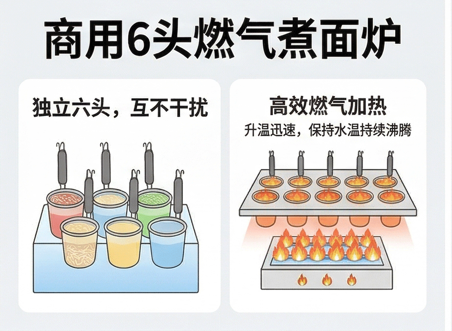 Desktop gas six-head noodle cooking stove, noodle cooking machine, cooking stove wholesaler, commercial stall catering equipment, breakfast shop pic 4