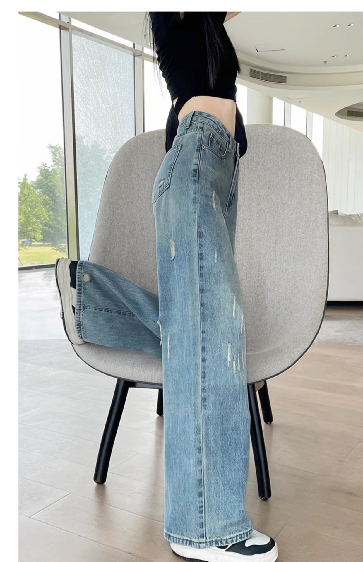 大码复古水洗磨白牛仔裤女春秋新款高腰胖mm宽松显瘦阔腿拖地裤子详情12