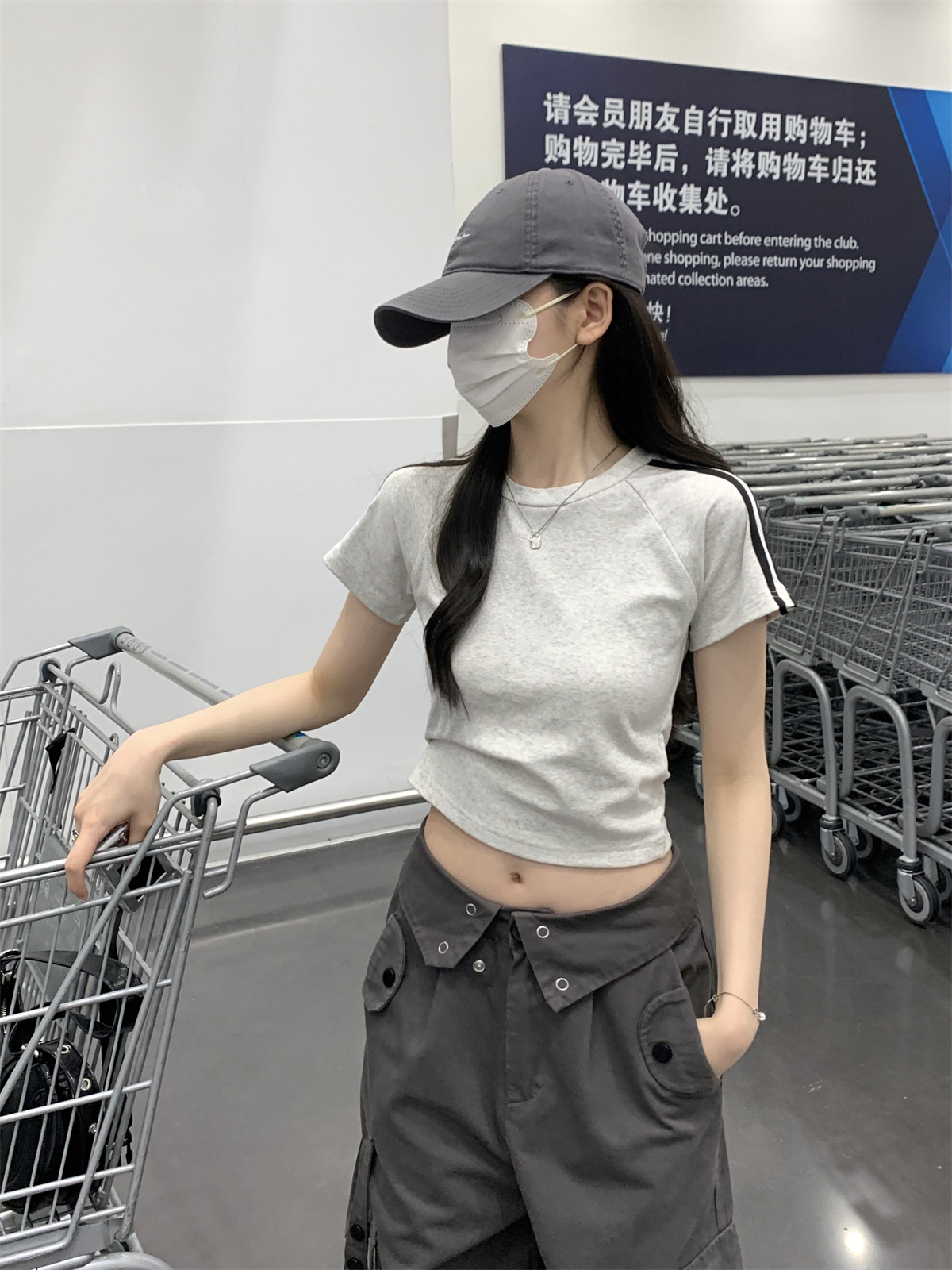 美式2024夏季新款韩版圆领修身插肩杠条显瘦百搭短袖T恤女装上衣详情27