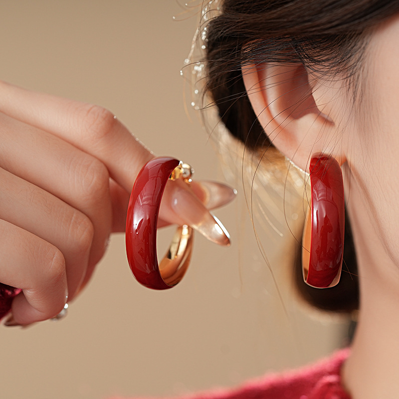 银针安可拉红色滴油宽面圆形耳环港风高级感耳圈简约气质潮流耳饰详情2