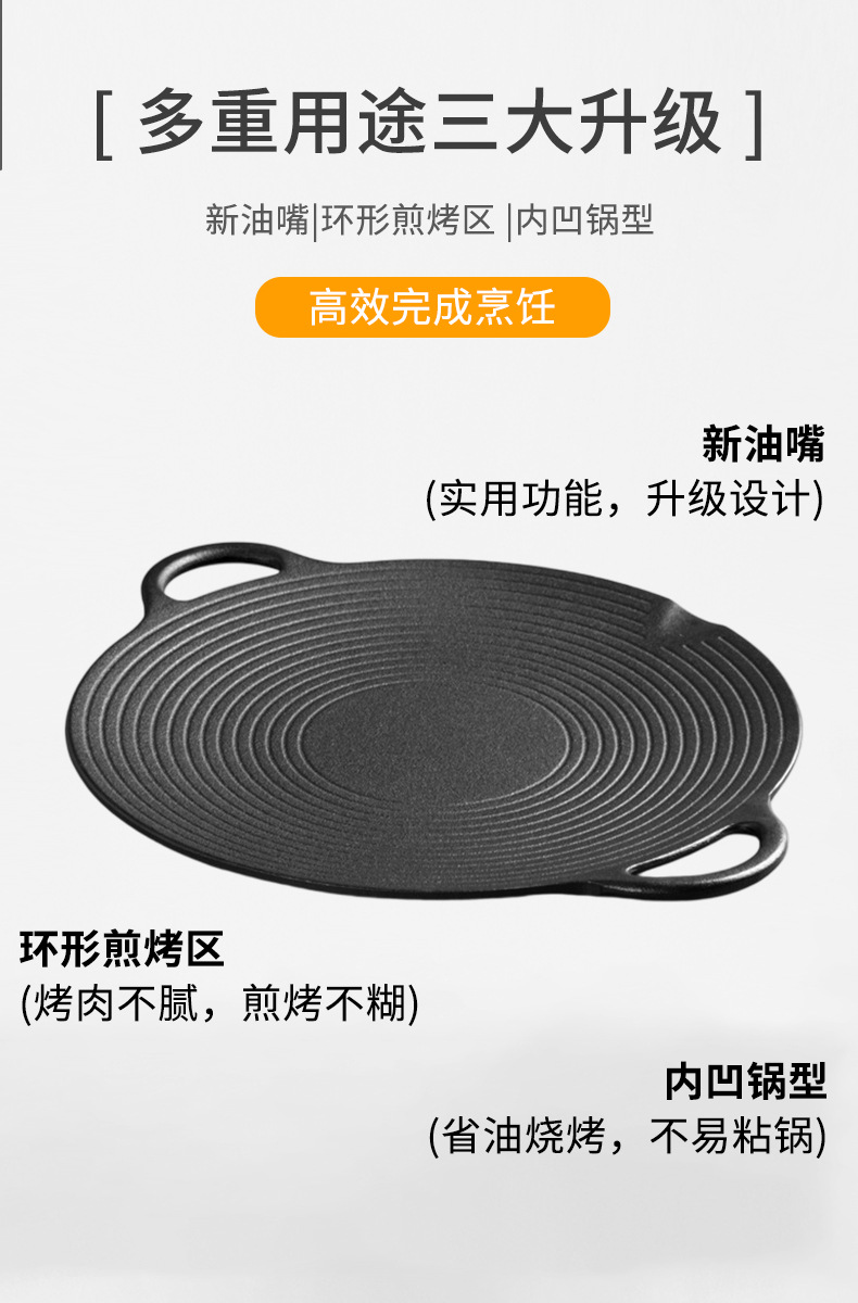 铸铁烤肉盘户外露营螺纹烧烤盘韩式家用不沾煎盘便携铁板烧锅批发详情5