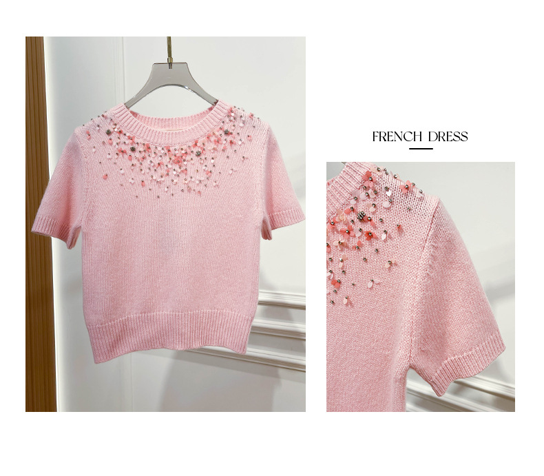 The 2025 autumn new heavy industry sequined short-sleeved casual knitted sweater for petite women has a unique design sense and a slimming top for women pic 3