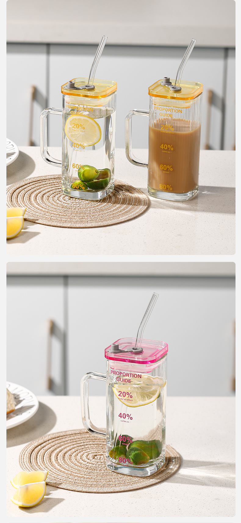 Simple water cup, square glass with straw, high-temperature resistant office and household transparent handle cup, milk cup pic 14