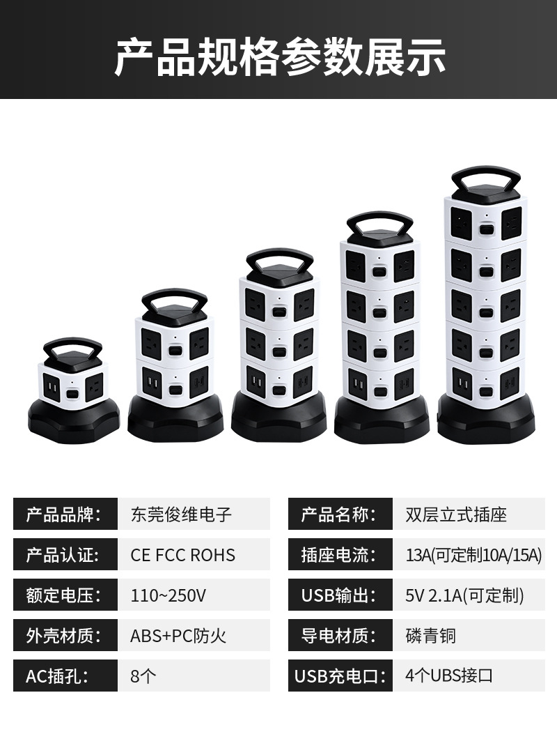 可收线多功能智能插座跨境美规英规排插创意立式多孔USB快充插排详情27