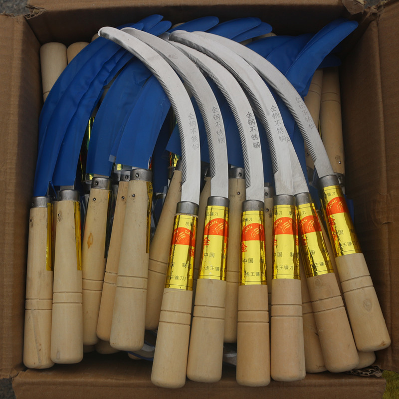 All-steel, wooden-handled, serrated, crescent sickle, fine-toothed, sharp, short-handled knife for cutting rice, grass, ropes and bags pic 2