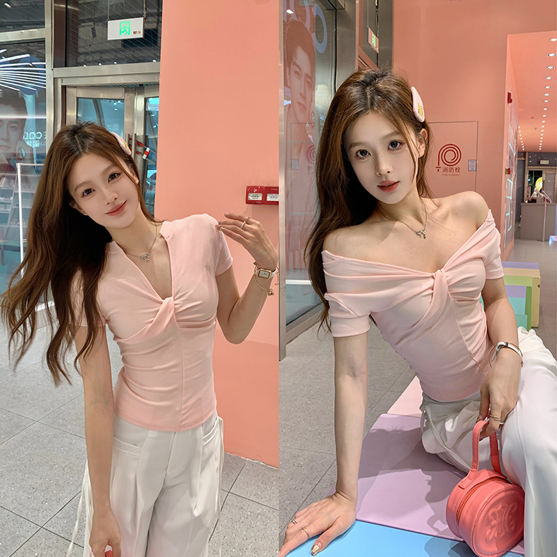 雅姿欣设计感白色短袖T恤两穿修身辣妹百搭显瘦内搭上衣女一字肩详情2