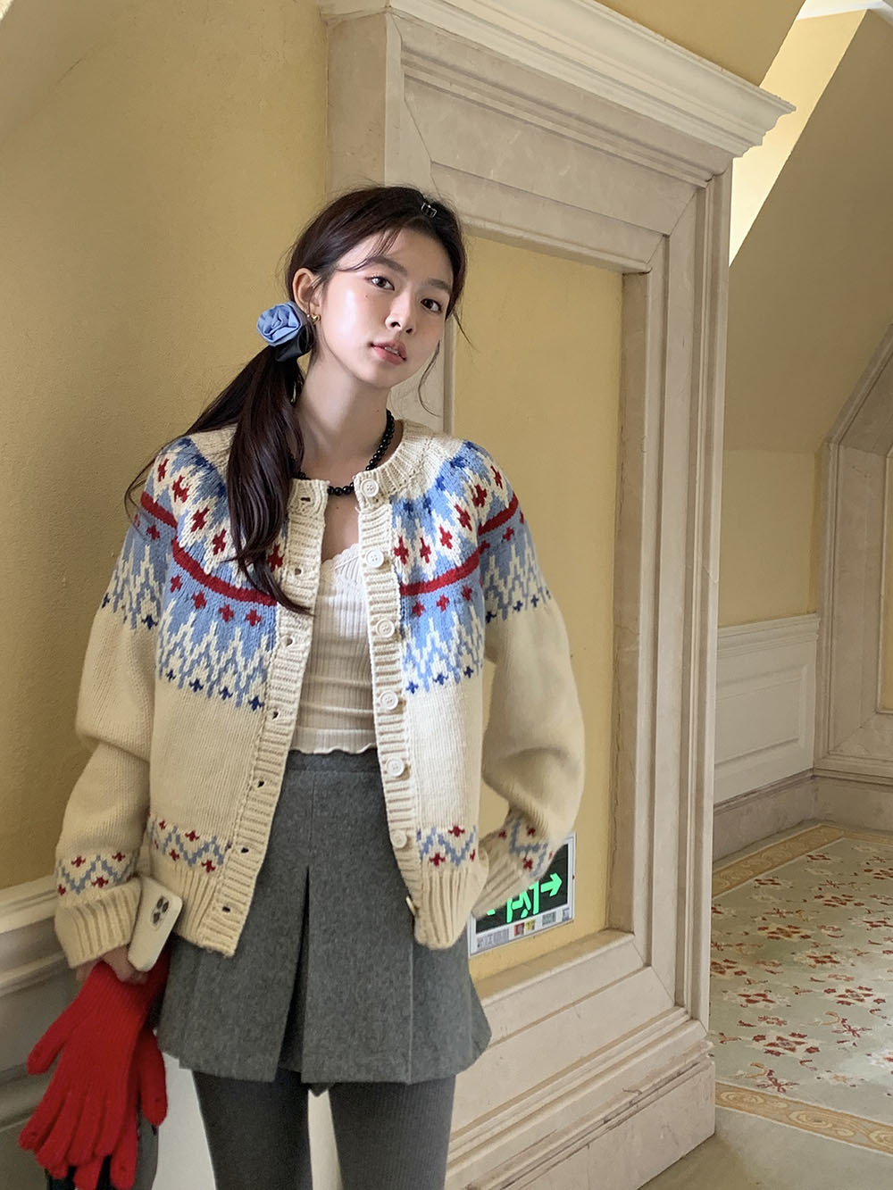 费尔岛复古美式少女撞色波普提花单排扣针织开衫厚实保暖毛衣外套详情66