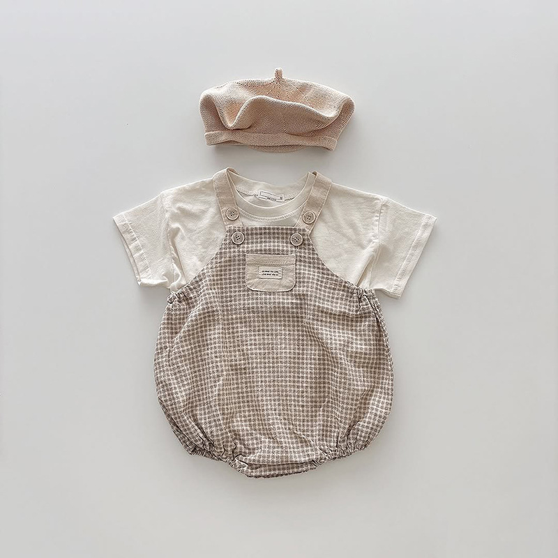 新品日韩风夏季男女儿童背带裤夏季薄款连体衣小童宝宝衣服+短袖T详情11