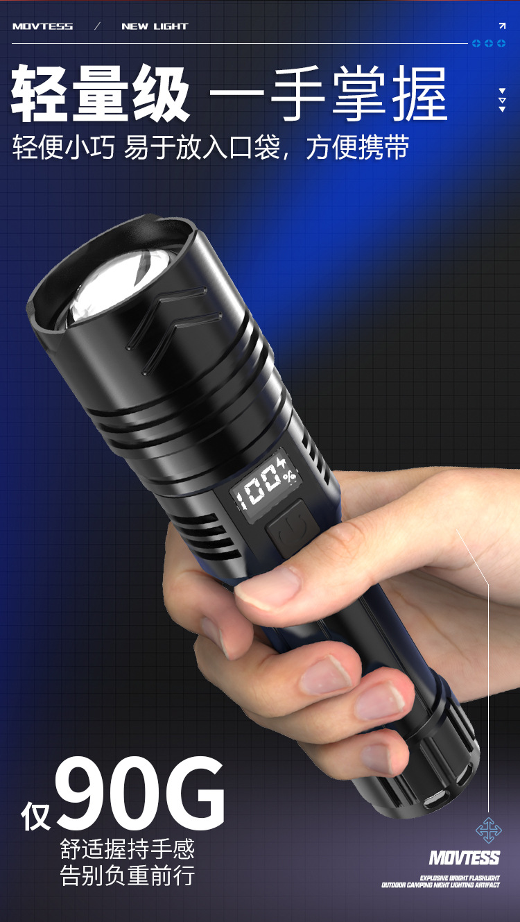 Cross-border flashlight, telescopic zoom flashlight, battery level display, long-lasting battery life, ultra-bright P50 zoom wholesale, USB charging pic 4