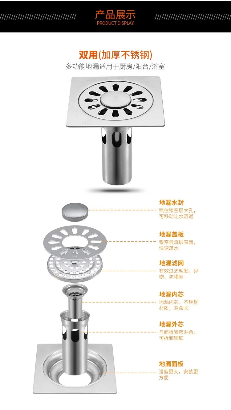 跨境 不锈钢地漏加厚方形工程地漏卫生间淋浴洗衣机两用防臭地漏详情9