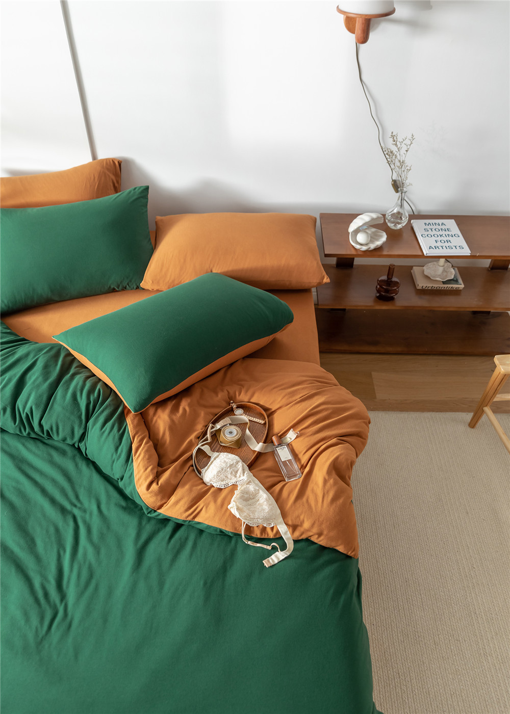 ins Japanese-style solid color all-cotton knitted cotton four-piece set, skin-friendly nude sleeping plain double-layer Indian cotton bed sheet pic 183