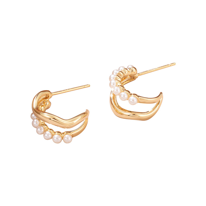 Light luxury style, high-end feel, small fragrance style, irregular C-shaped pearl earrings, double-layer niche design sense, stud earrings for women wholesale pic 22