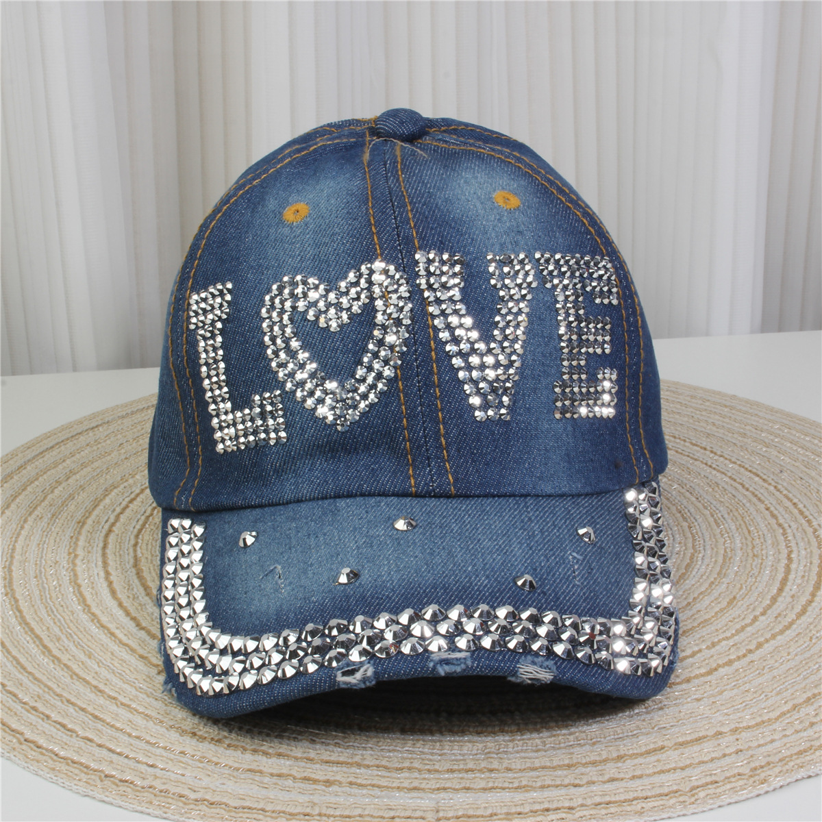 2024新款女士水钻镶钻牛仔布时尚洋气鸭舌帽休闲显脸小成人棒球帽详情4