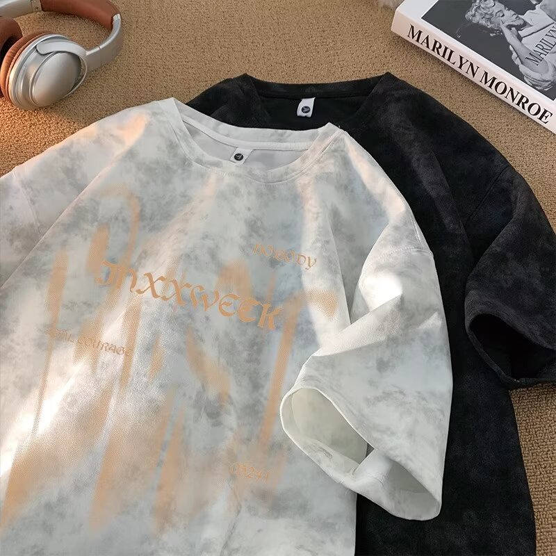 Summer trendy brand American heavy-duty pure cotton short-sleeved T-shirt for men, loose large-sized half-sleeved washed distressed T-shirt base layer pic 13