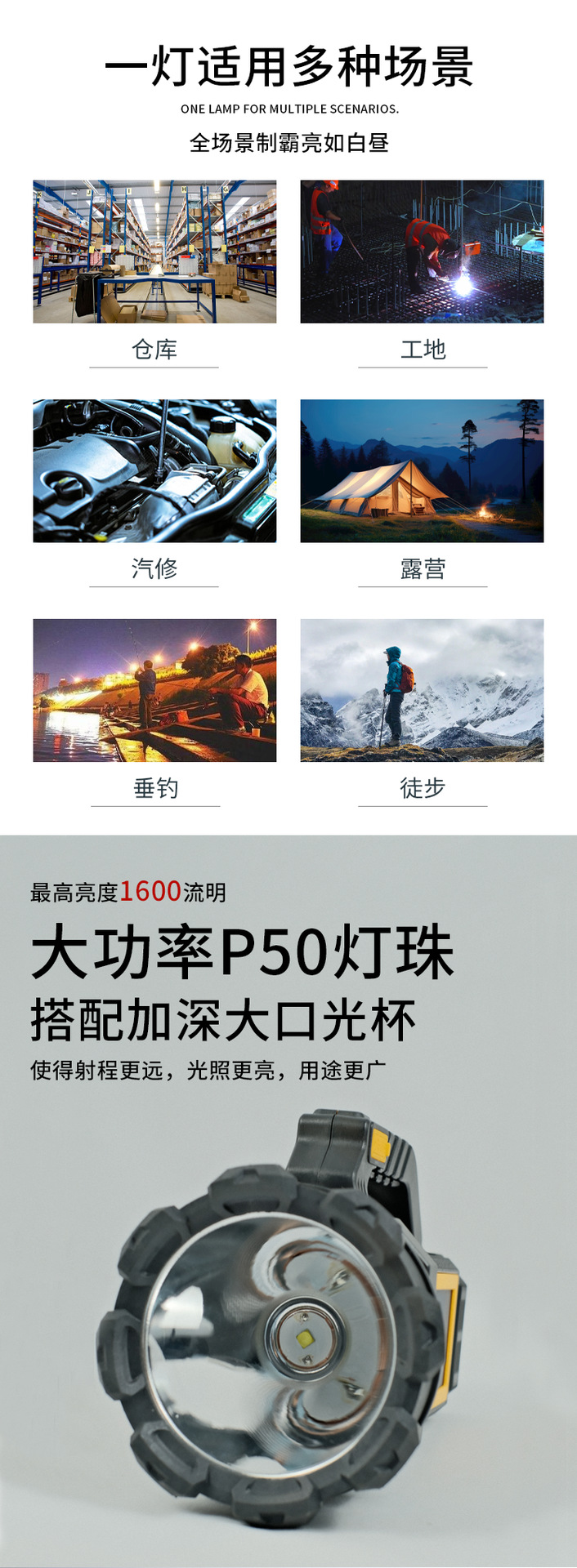 5190 solar-powered portable lamp with strong light P50 high-brightness patrol and searchlight, emergency flashlight pic 2