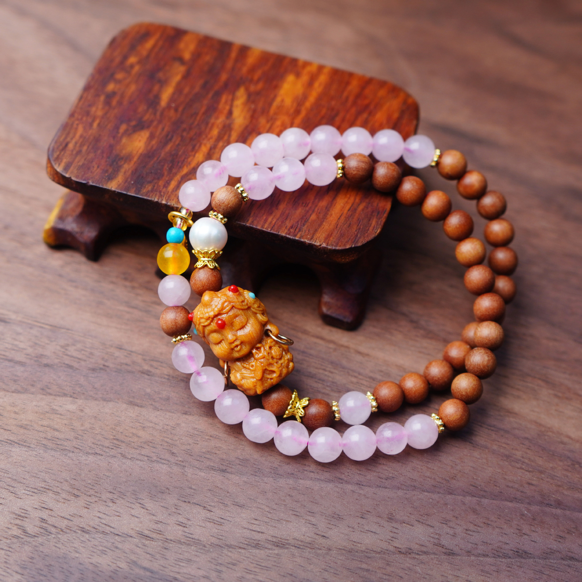 寺庙同款天然芭比檀木双圈手串复古民族风宝宝粉晶女手链饰品配饰详情27