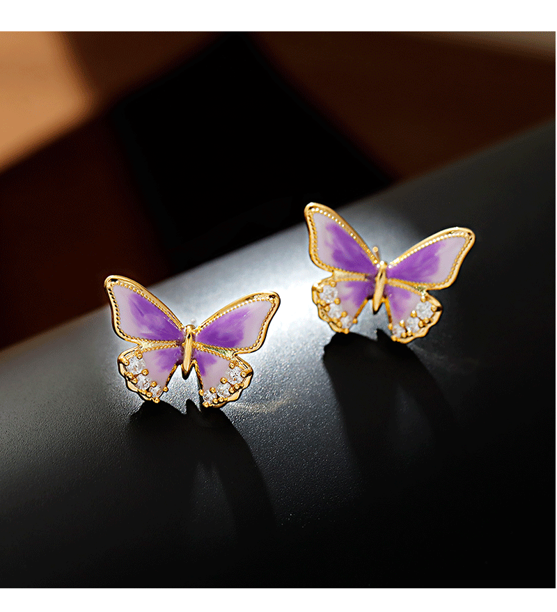 Hyacinth original design enamel drop glaze taro purple butterfly stud earrings ins Small, elegant, sweet and light luxury commuter earrings for women pic 7