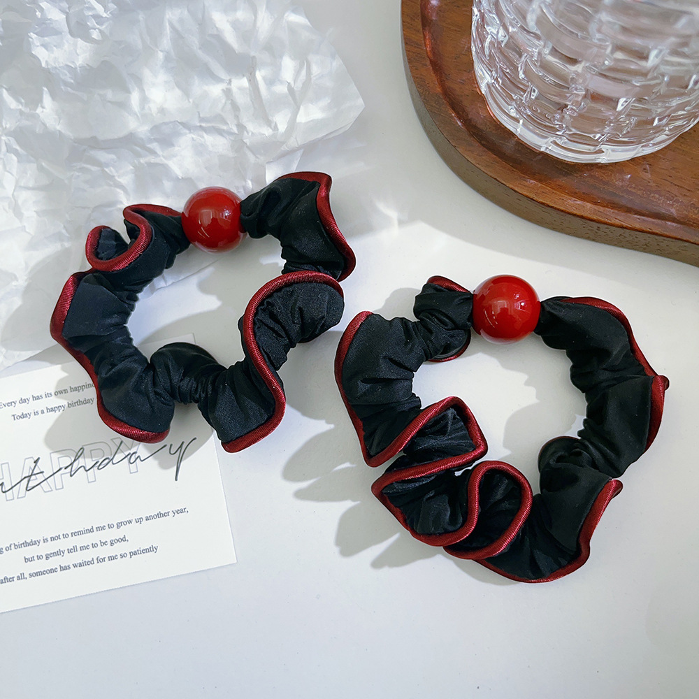 Korean-style color-blocked black fungus fringe small intestine ring hair band lace hair tie ponytail pearl hair tie leather band hair accessory pic 5