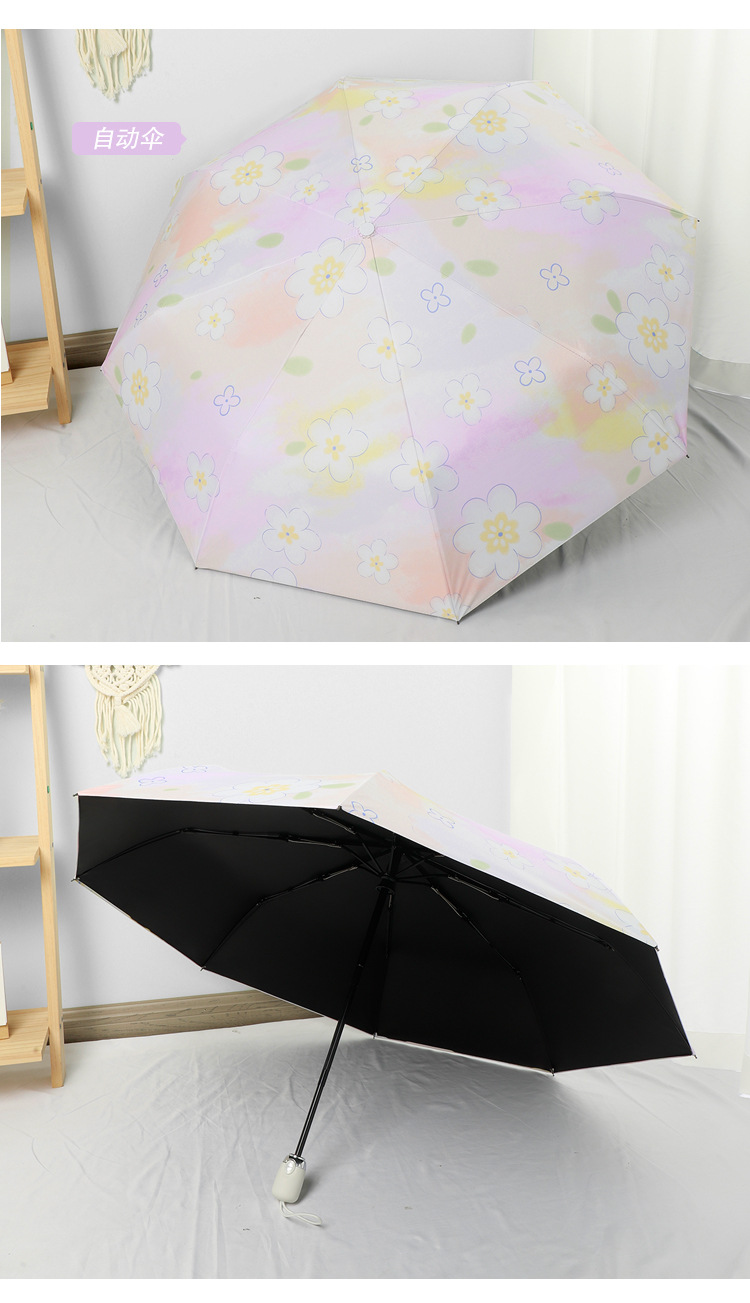 New three-fold gradient pink small flower black rubber fully automatic umbrella, sun umbrella, sun protection and UV protection umbrella, folding umbrella pic 12