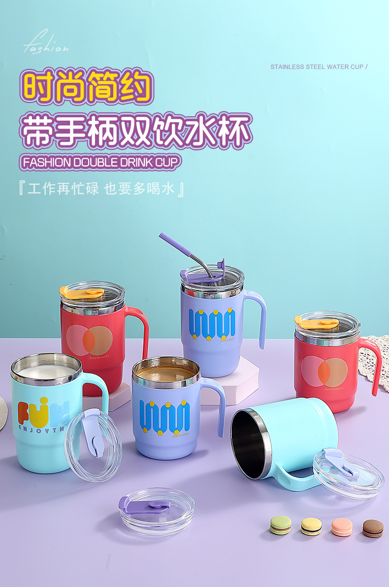 Simple water cup with handle, household and office sealed water cup, mug, student water cup with straw, stainless steel water cup pic 2