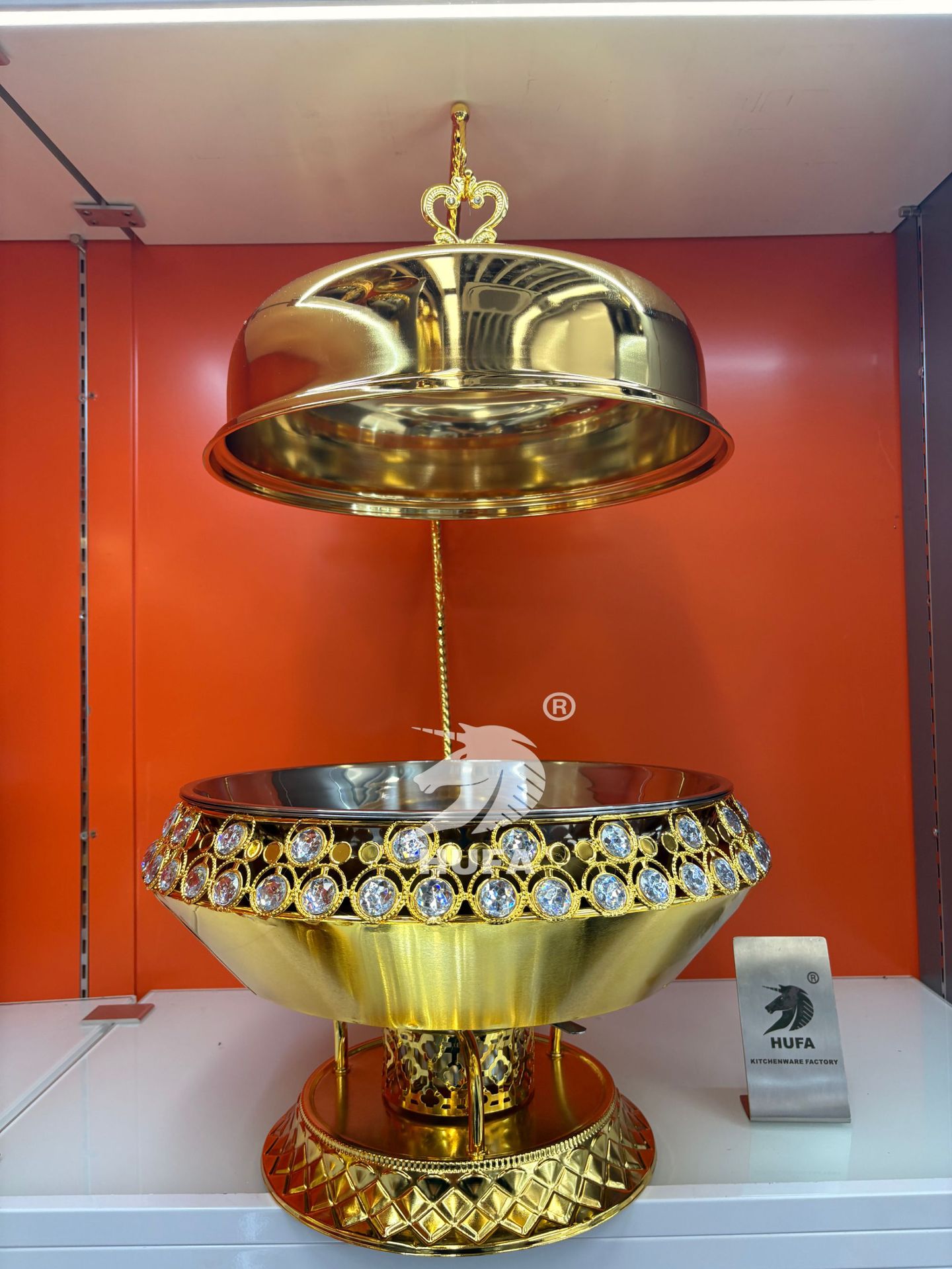 Hotel Restaurant Golden Luxury diamond-encrusted hook Stainless steel Buffet stove Hanging Chafing Dish pic 2