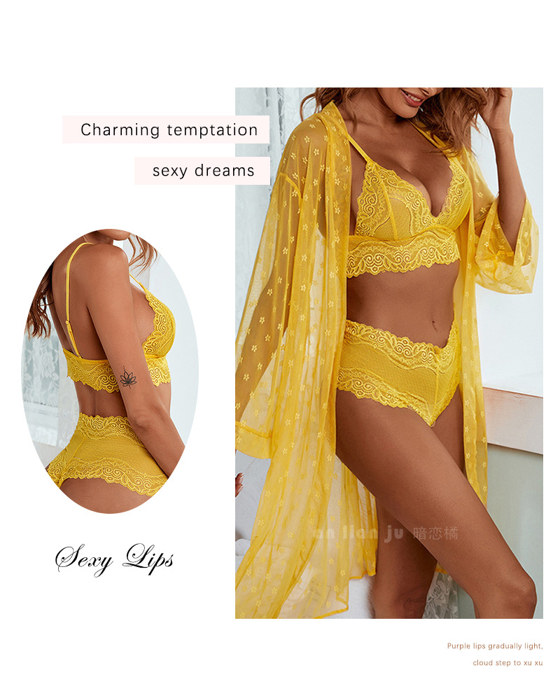 Cross-border foreign trade independent station Sexy mesh see-through pajamas four-piece set Long outer robe bra underwear set 9076 pic 10