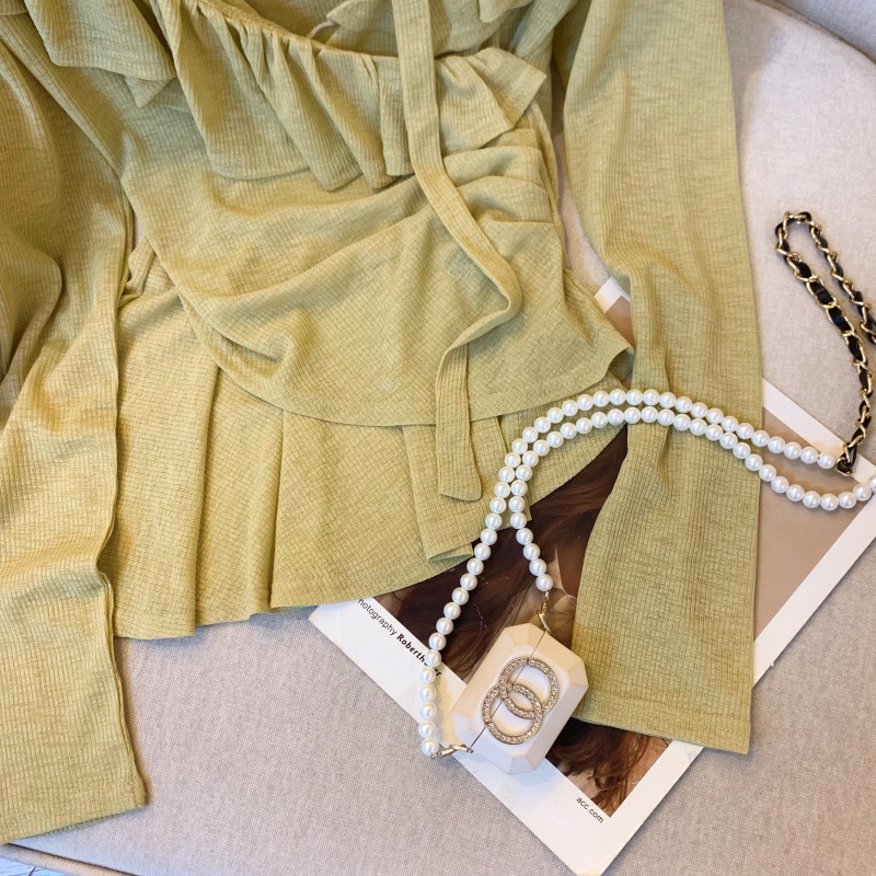 实拍~纯欲甜美荷叶边飘带一字肩收腰褶皱天丝上衣不规则衬衫详情20