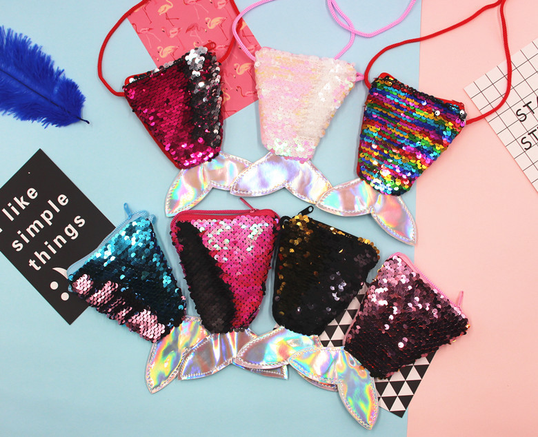 亮片美人鱼挂绳硬币包小钱包儿童斜跨小包鱼尾巴双色亮片零钱包女详情5