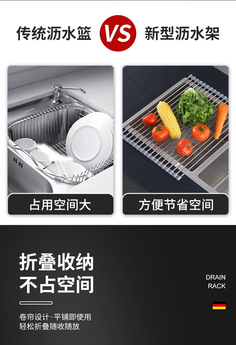 现货硅胶沥水架滤水架不锈钢折叠厨房置物架水槽碗筷架详情4