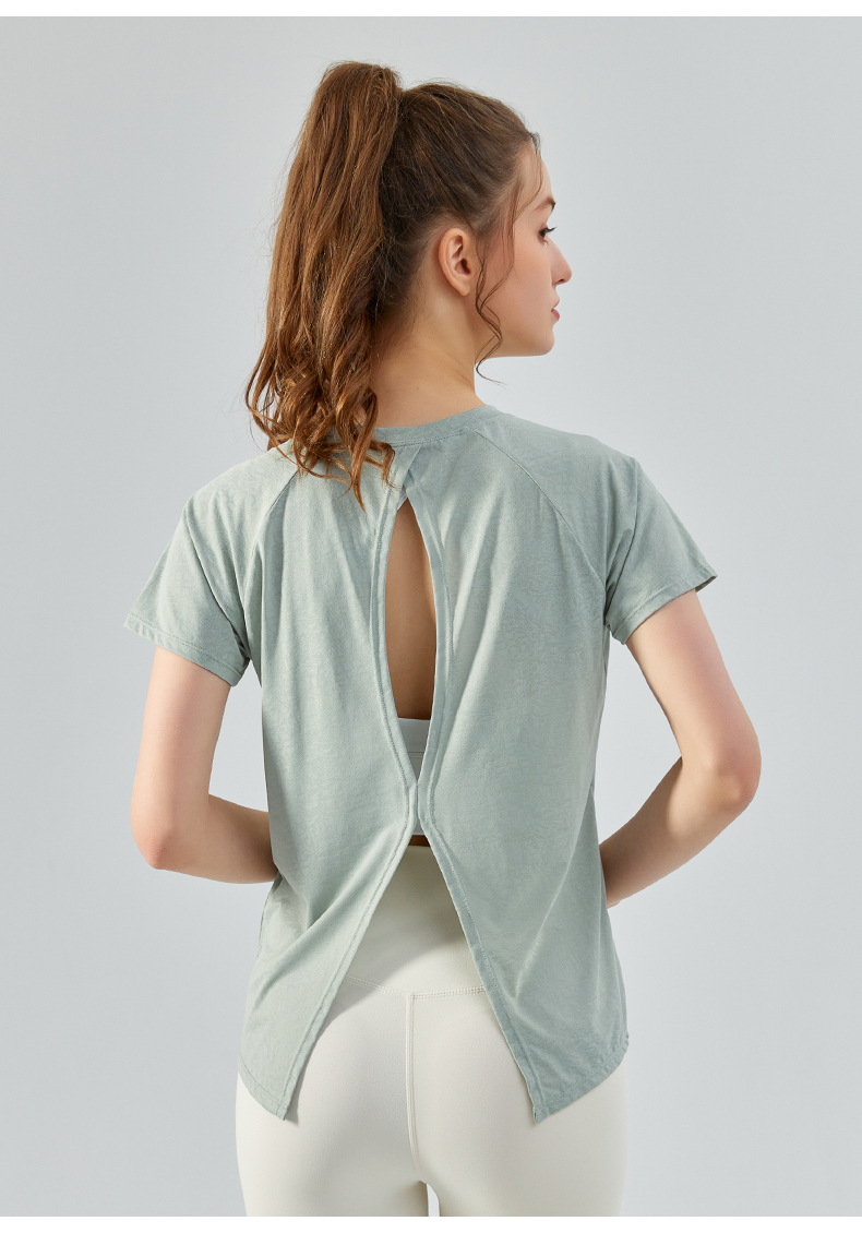 Spring and summer jacquard slit cutout yoga smock for women, light and quick-drying short-sleeved T-shirt, loose and breathable yoga wear top pic 21