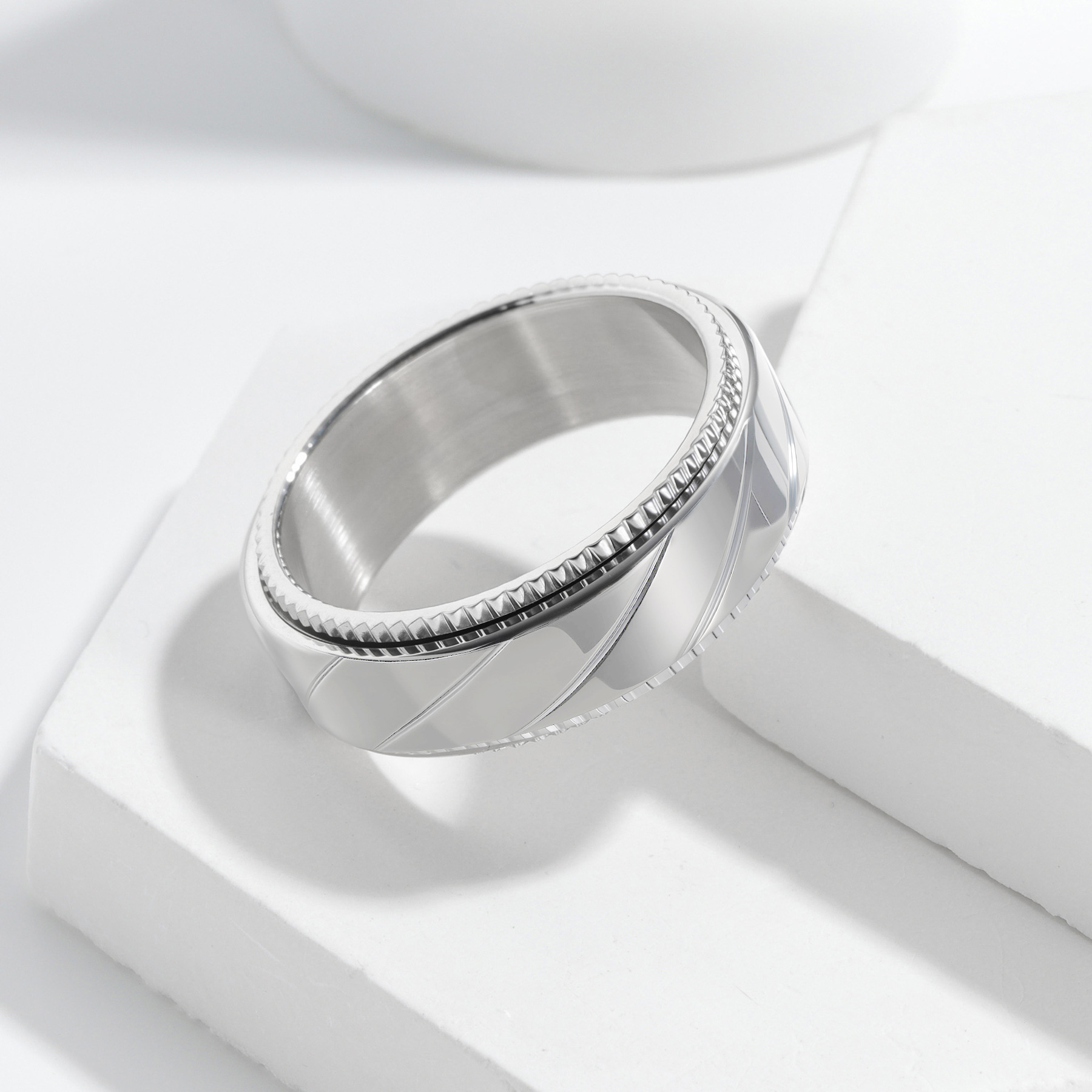 Cross-border personalized and fashionable titanium steel jewelry punk style 8mm patchwork mesh pattern rotatable vacuum titanium steel ring pic 6