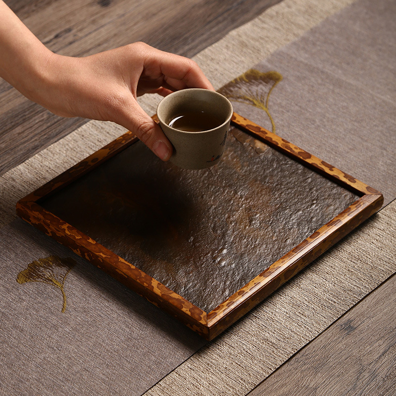 安吉梅鹿竹石面茶托盘 石面茶盘 石头制作竹工艺品 斑竹大漆国潮制品详情26