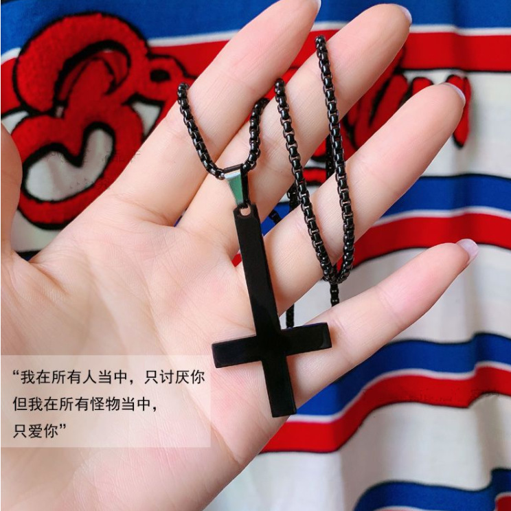 Black inverted cross necklace for boys, titanium steel pendant for girls, simple and stylish white willow accessories for trendy men pic 2