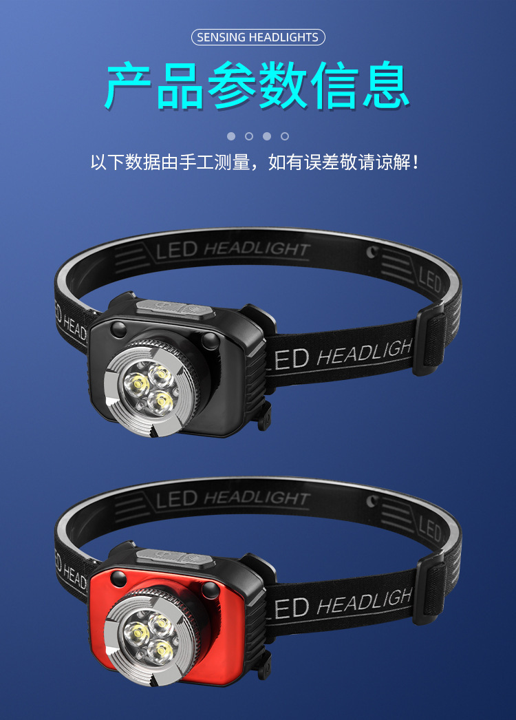 新款强光头灯轻便型户外强光远射头灯三光源头灯便携挥手感应头灯详情14