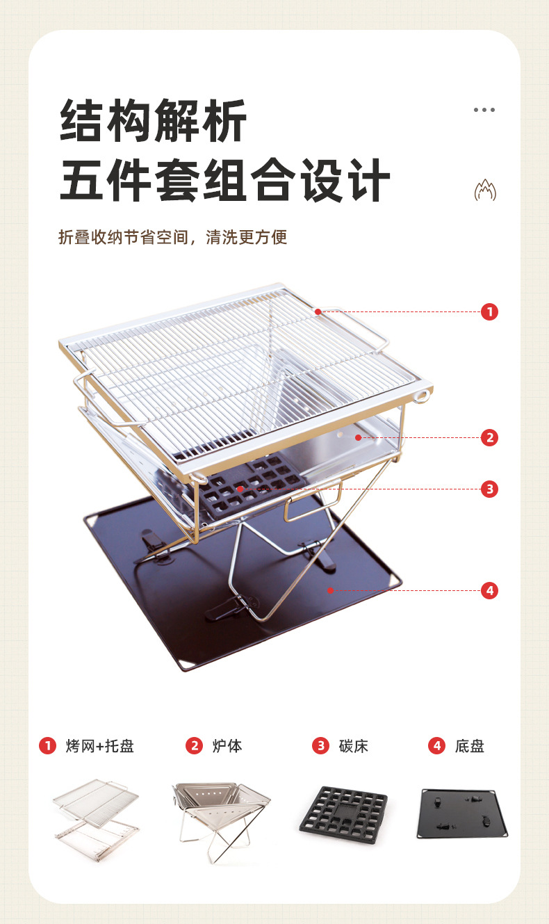 定制不锈钢折叠烧烤炉户外露营篝火台野餐柴火炉焚火台加厚烧烤架详情6