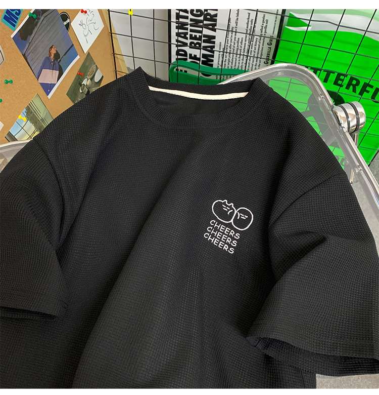 Waffle large-sized short-sleeved T-shirt for men, summer Korean style trendy clothing, printed loose half-sleeved American heavyweight T-shirt pic 19