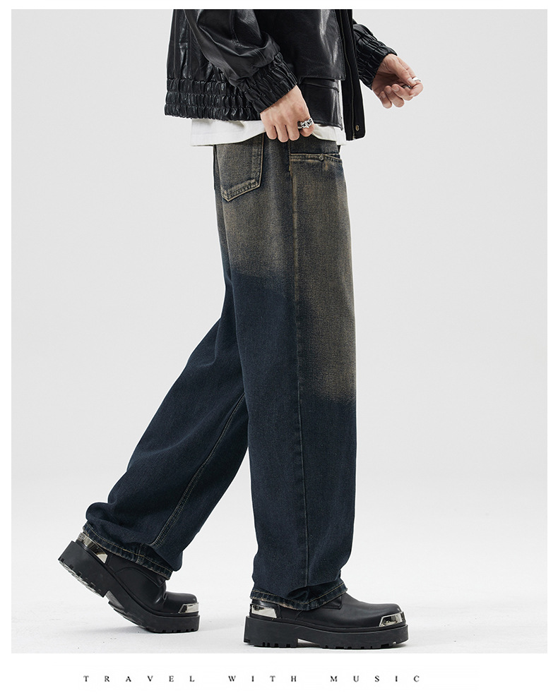 春季怀旧美式高街复古牛仔裤男士潮牌宽松直筒个性设计感做旧裤子详情14