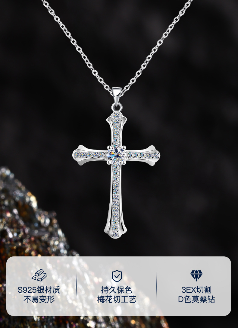 Zhuoheng Jewelry European and American S925 sterling silver cross pendant Necklace, ebay AliExpress collarbone chain, Christmas accessories wholesale, Mosan pic 1