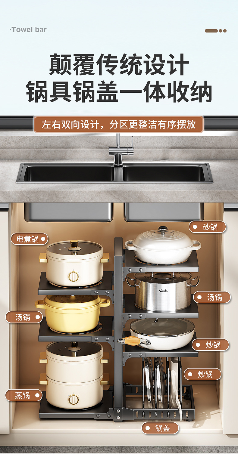洗碗池下水槽可调节放锅具盖收纳多层双边跨境家用厨房台面置物架详情11