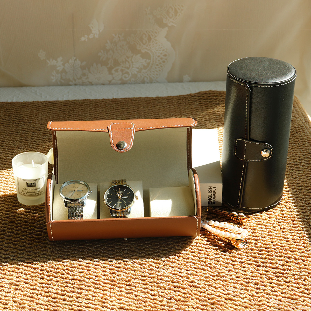 圆筒式防尘手表收纳盒便携腕表首饰盒简约皮质手链展示盒子手表盒详情6