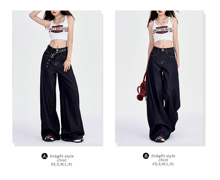 深蓝美式宽松阔腿牛仔裤女2025年夏季新款垂感慵懒休闲拖地直详情13