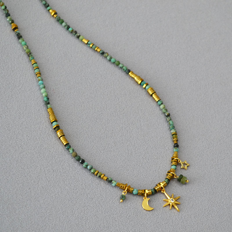 秋冬新款欧美小众设计复古文艺绿松石串珠星星月亮挂坠短款项链女详情4
