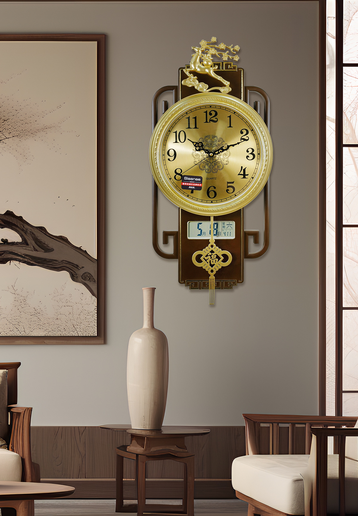 2025 New Chinese-style wall clock, a high-end quartz clock for the living room, a fashionable home clock, a light luxury wall-mounted metal clock pic 4